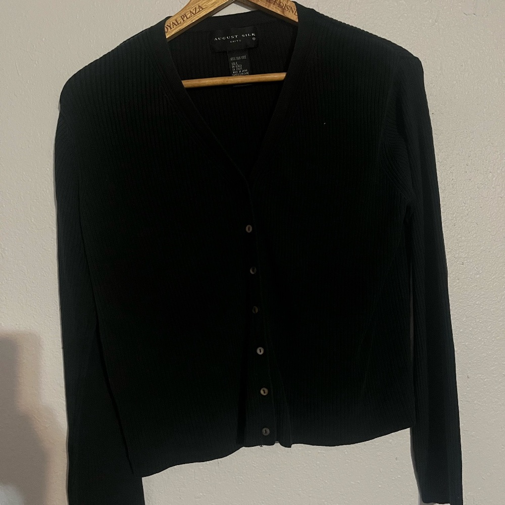 August Silk | 100% Silk | Black Cardigan Sweater | Large